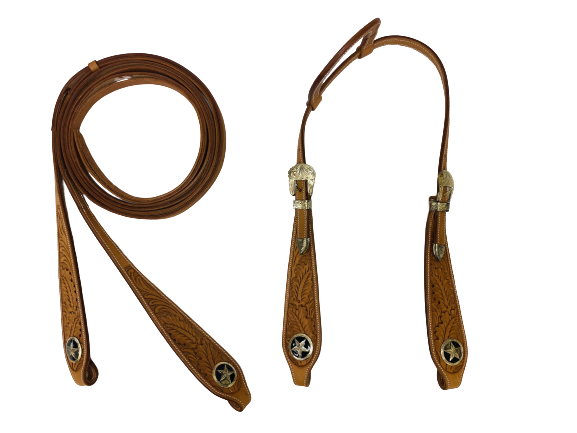 HR1487 One Ear Headstall & Reins with Texas Star - Headstalls